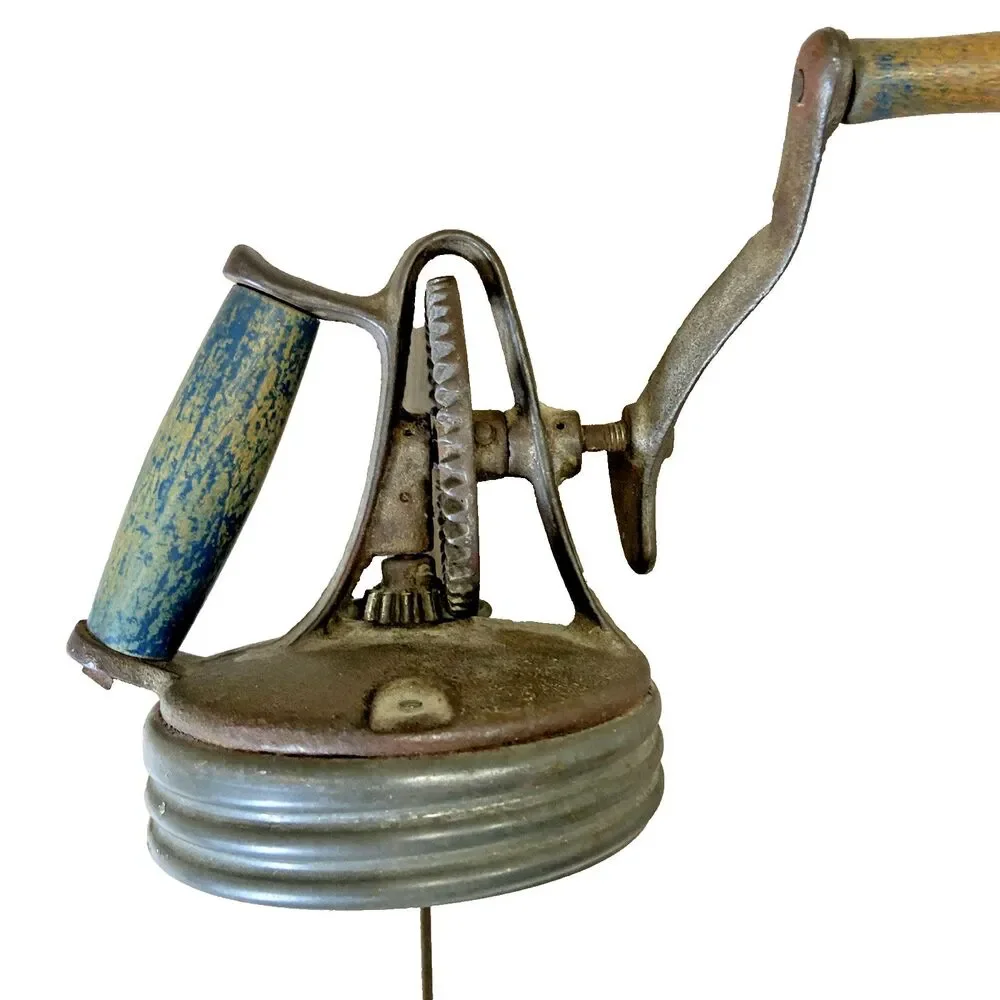 ANTIQUE BUTTER CHURN JAR LID PADDLE CRANK SCREW TOP 4.5” Diameter NO JAR
